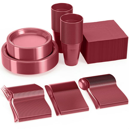 Exquisite 350 Piece Solid Color Disposable Plastic Party Tableware Combo Set - Burgundy