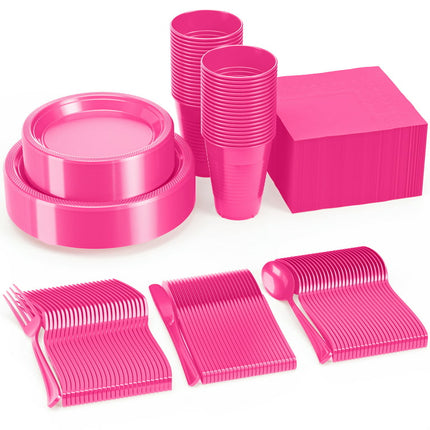 Exquisite 350 Piece Solid Color Disposable Plastic Party Tableware Combo Set - Cerise