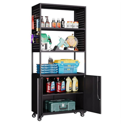 Fesbos Rolling Tool Chest with Wheels, Garage Storage Cabinet Tool Cabinet with 3-Tier Shelves and Doors, Metal Tool Storage Cabinet with Pegboard & 8 Hanging Hooks for Garage, Workshop, Warehouse