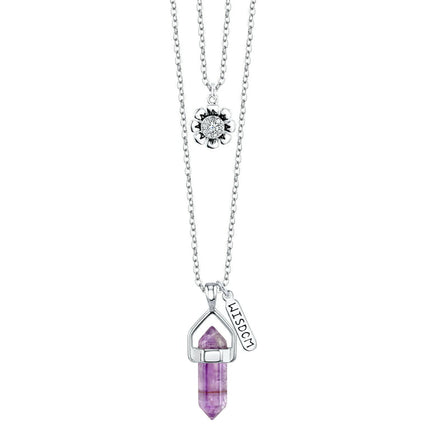 Fine Silver Plated Amethyst Two Layer Necklace with Crystal Flower Charm
