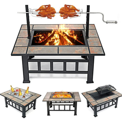 Fire Pits For Outside 37 inch Wood Burning Fire Pit Table With BBQ Grill Cooking Grate Lid Outdoor Fireplace Metal Square Tile Top Firepit Patio Backyard Garden,Black