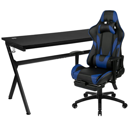 Flash Furniture Optis Gaming Desk and Blue Footrest Reclining Gaming Chair Set - Cup Holder/Headphone Hook/Removable Mouse Pad Top/Wire Management