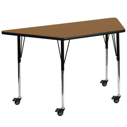 Flash Furniture Wren Mobile 29''W x 57''L Trapezoid Oak Thermal Laminate Activity Table - Standard Height Adjustable Legs