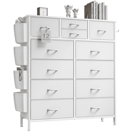 GIKPAL 12 Drawer Dresser, White Dresser Chest of Drawers Dresser for Bedroom PU&Fabric Dressers with Side Pockets and Hooks, White