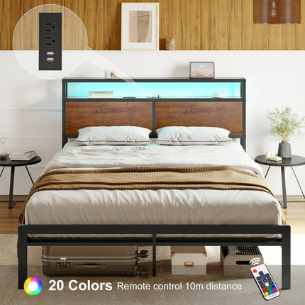 GUNAITO Queen Size Bed Frame with Wooden Headboard Metal Platform Bed Frame with LED Lights Charging Station Rustic Brown