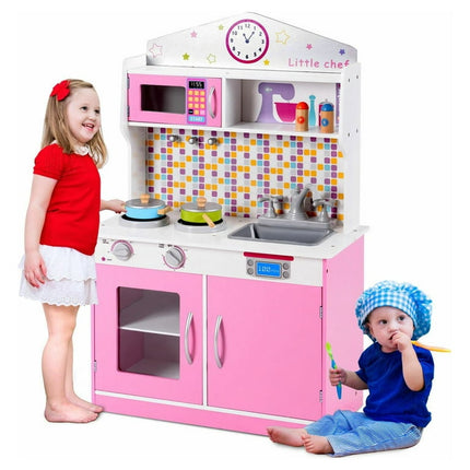 Giantex Kids Kitchen Playset, Wooden Pretend Cooking Playset w/ Cookware Accessories, Removable Sink, Microwave, Display Shelf, Toddler Pretend Play Kitchen Toy, Best Gift for Girl, Pink