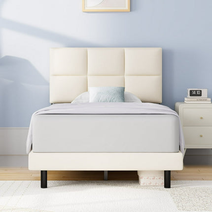 HAIIDE Twin Size bed Frame with Fabric Upholstered Headboard,Beige, Easy Assembly
