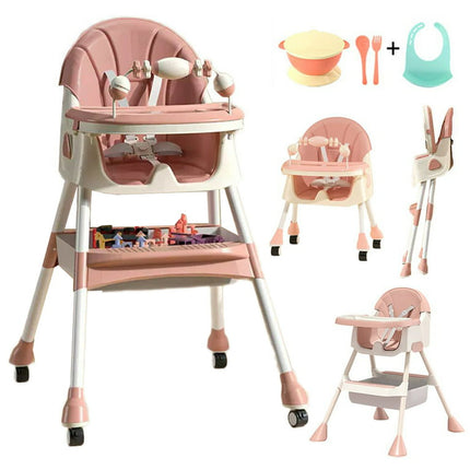 HAOUUCYIN 4-in-1 Baby High Chair Portable Dining Chairs Eat & Play with Five-Point, Double-Layer Dinner Plate and Toy Rack, 9.48 lbs Pink