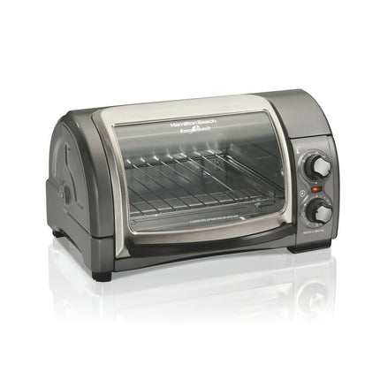 Hamilton Beach Easy Reach 4-Slice Countertop Toaster Oven With Roll-Top Door, 1200 Watts, Fits 9” Pizza, 3 Cooking Functions for Bake, Broil and Toast, Silver, 31334D