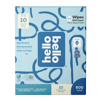 Hello Bello Baby Wipes, Unscented Hypoallergenic Plant-Based Cloth, 600ct (Choose Your Count)
