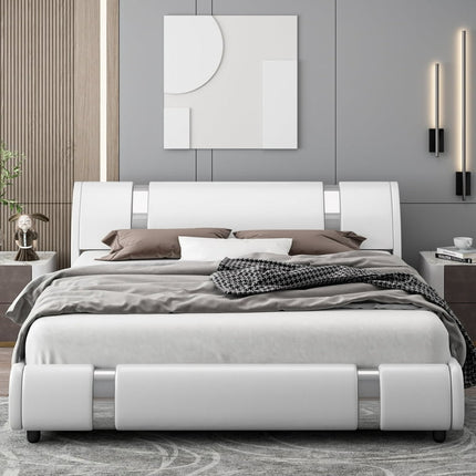 Homfa Full Size Bed Frame, Modern Leather Upholstered Platform Bed Frame with Adjustable Headboard, White