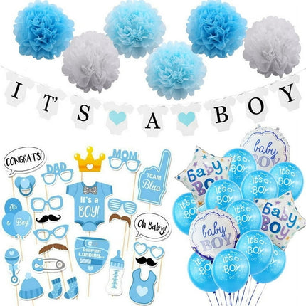 It's A Boy for Baby Shower Decorations set 54pcs with Photo Booth Props latex Balloons Large Helium Balloons Poms and Banner Kit for Boys