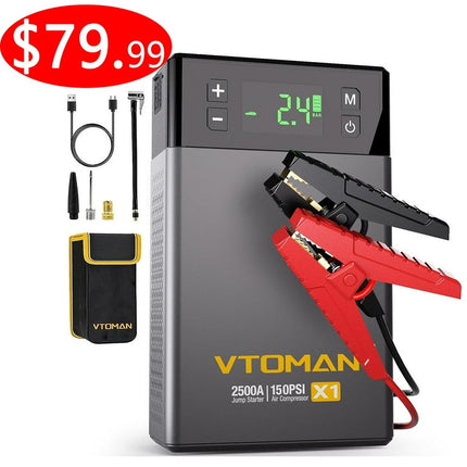 Jump Starter with Air Compressor,2500A Peak 12V Jumper Box for 8.5L Gas and 6.0L Diesel Engines with 150PSI Compressor Tire Inflator,Portable Auto Lithium Battery Booster Power Bank Car Starter