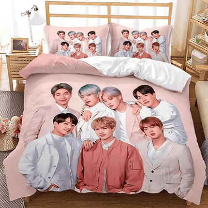 Kawaii Cute BTS Bedding Bed Set Twin for Kids Teens Adults Bedroom Sets Decor 3 Pieces Korean Pop Idol Duvet Cover & 2 Pillowcases Bedding Comforter Sets