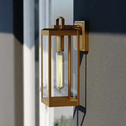 Kinzie 1 Light Brass Outdoor Wall Lantern with Dusk to Dawn Photocell, Clear Glass