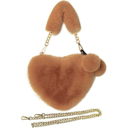 LFOGoods Furry Purse for Girls Heart Shaped Fluffy Faux Fur Handbag for Women Soft Small Shoulder Bag Clutch Purse-Brown