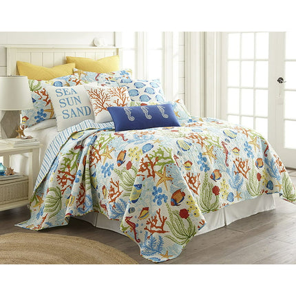 Levtex Home - Portofino Quilt Set - Full/Queen Quilt (88x92in) + Two Standard Pillow Shams (20x26in) - Tropical Sealife - Bright Multicolor - Reversible - Cotton Fabric
