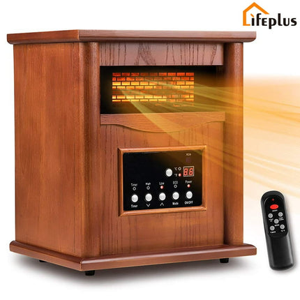 LifePlus Infrared Space Heaters for Home, Portable Wood Electric Quartz Heater with Remote Control Thermostat Energy Efficient for Inside Use