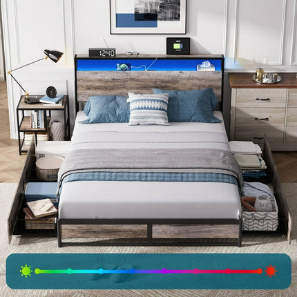 Linsy Home Queen Size Platform Bed Frame with Ergonomic Headboard and 4 Drawers, Storage Bed with Lights, Outlets & USB, Light Grey