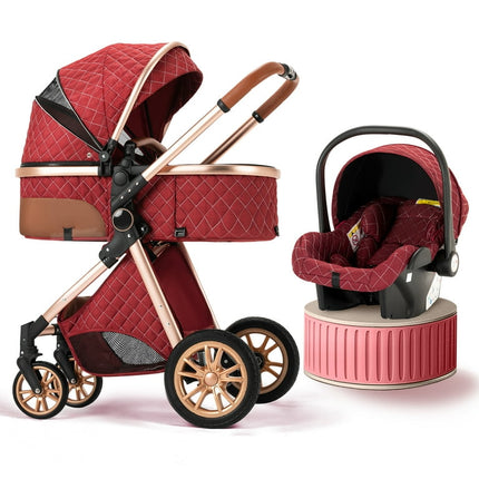 Luxury Pram Baby Stroller High Landscape Pushchair Stroller for 0-36 Months Kids(Red)