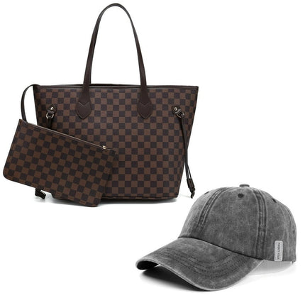 MK Gdledy Womens Handbags Checkered Tote Shoulder Bags Fashion Large Travel Shoulder Purses With Wristlet Clutch 2 in 1 Bag Set-Brown (2021)