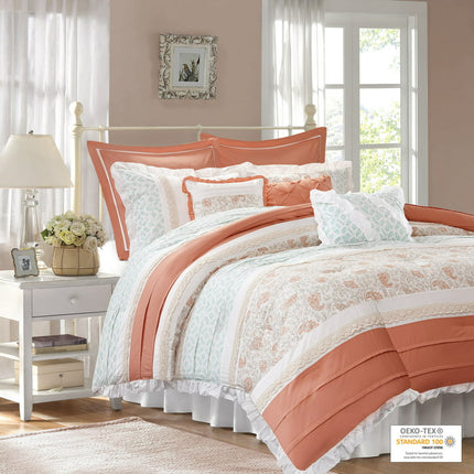 Madison Park Dawn 9-Piece Cotton Percale Comforter Set, Coral - Cal King