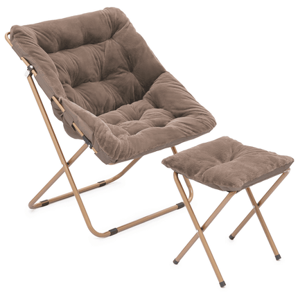Magshion Folding Saucer Chair and Footrest Stool Set, Square Faux Fur Oversized Accent Chair, Metal Frame Moon Chair for Bedroom Living Room Dorm, Beige