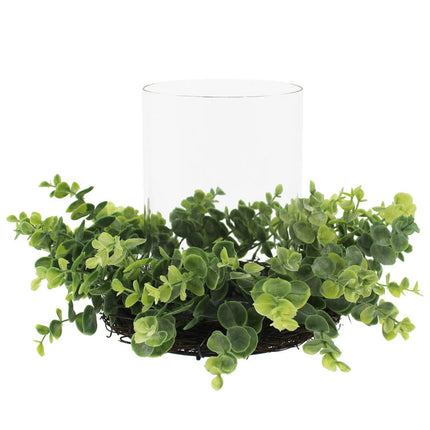 Mainstays Glass Hurricane Candleholder with Green Faux Eucalyptus and Rattan Ring