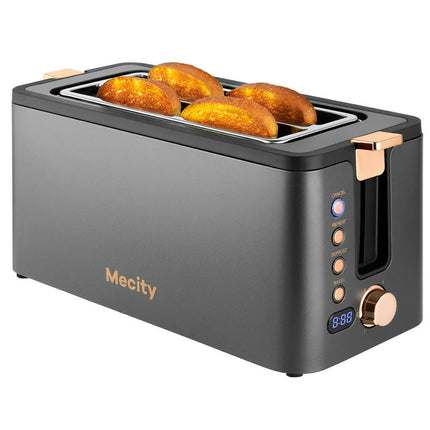 Mecity 4 Slice Toaster, Long Slot Toaster With Countdown Timer, Warming Rack, removable Crumb Tray, 6 Browning Settings, Extra Wide Long Slots, Stainless Steel Bread Toaster, 1300 Watts, Grey & Golden