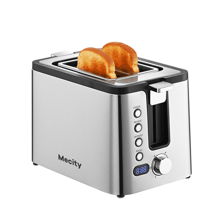 Mecity Toaster 2 Slice Stainless Steel Toaster Countdown Timer, Warming Rack, Removable Crumb Tray, 6 Browning Settings, Extra Wide Long Slots, Bread Toaste, 800 Watts