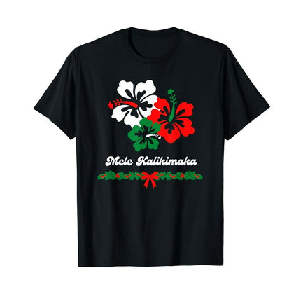 Mele Kalikimaka Hawaii Christmas Hawaiian Hibiscus Flower Black T-Shirt