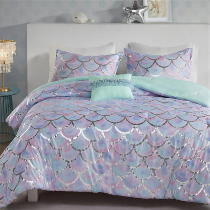 Mi Zone Full/Queen Reversible Comforter Set with Decor Pillow 4-Piece Metallic Printed Aqua/Purple
