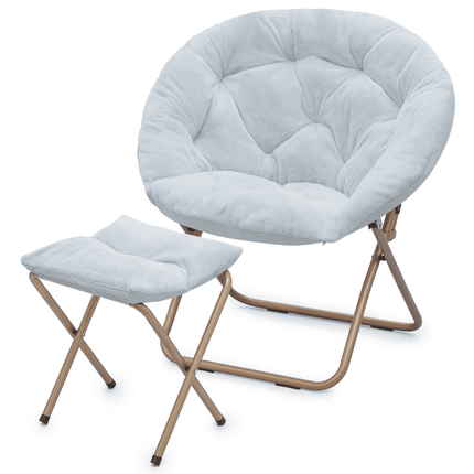 MoNiBloom Comfy Saucer Chair with Ottoman, Faux Fur Oversized Folding Chair and Footrest Foot Stool Set with Metal Frame for Bedroom Living Room, Blue