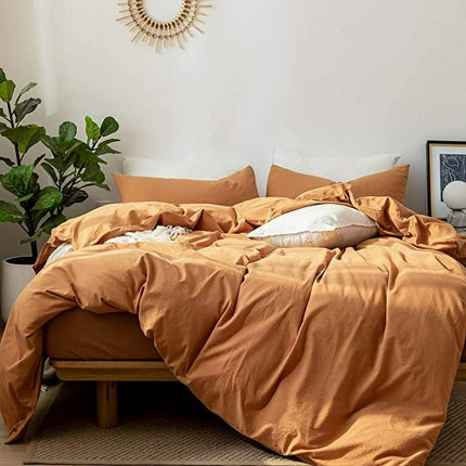 MooMee Bedding Duvet Cover Set 100% Washed Cotton Linen Like Textured Breathable Durable Soft Comfy (Comforter Not Included) Burnt Orange, Twin
