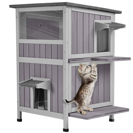 Morgete Cat House Outdoor with Large View Door Two Removable Floor, Feral Cat Shelter