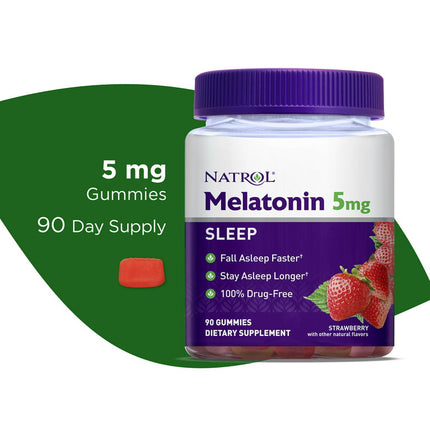 Natrol Melatonin Sleep Aid Gummies, Fall Asleep Faster, Strawberry, 5mg, 90 Count