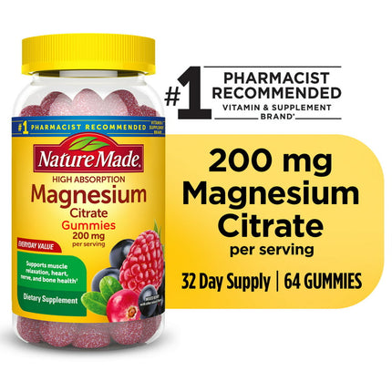 Nature Made High Absorption Magnesium Citrate 200 mg Per Serving Gummies, 64 Count