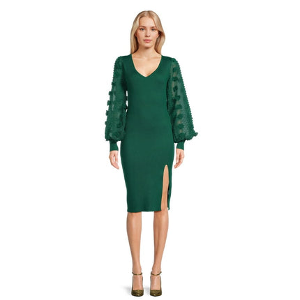 No Boundaries Juniors V-Neck Midi Dress with Long Sleeves, Sizes XS-4XL