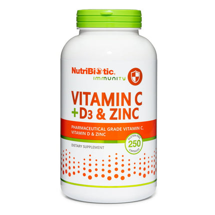 NutriBiotic Vitamin C + Vitamin D3 & Zinc Capsules, 250 Count