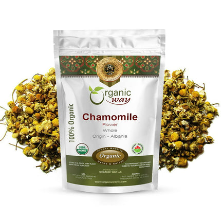 Organic Way Chamomile Flower Whole (Matricaria chamomilla) - European Wild-Harvest | Organic & Kosher Certified | Vegan | Non GMO & Gluten Free | USDA Certified | Origin - Albania (1/4LBS / 4Oz)