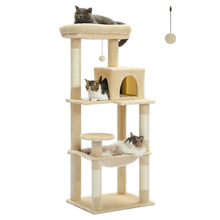 PAWZ Road Cat Tree 56" Sisal Scratching Posts Tower with Large Perch Hammock for All Indoor Cats,Upgrade Beige