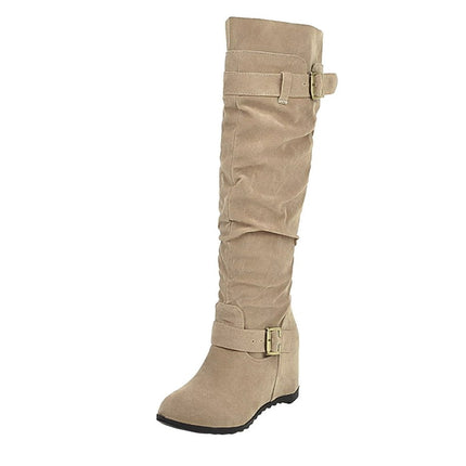 PMUYBHF Ladies Fashion Solid Suede Belt Buckle Decoration with Elevated Wedge Heel Long Boots 47.98