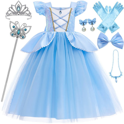 Princess Cinderella Dresses for Girls Costume Cosplay Halloween Party Dress with Luxury Accessories 5-6Years-120