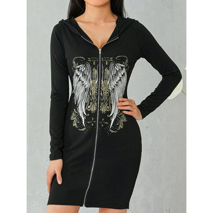 Qiylii Women Close-fitting Dress,Wings Printed Pattern Hooded Zipper Mini Dress