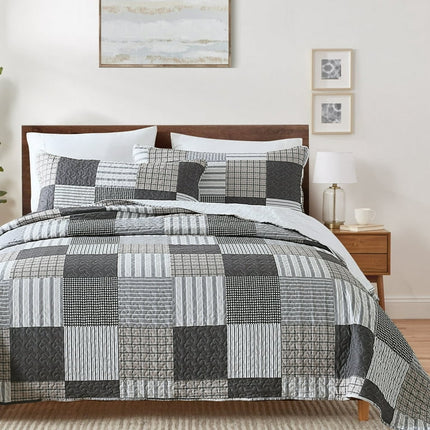 Queen Quilt Set, Greagle 3-Piece Soft Warm Lightweight Queen Size Summer Quilt Bedspread Machine Washable Bedding Set with 2-Piece Pillow Shams, 90x90 inch Plaid Print