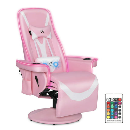 Queen Throne Racing Gaming Chair with Footrest and Adjustable Backrest Ergonomic Recliner High Back Swivel Chair with RGB LED Lights, Massage Lumbar Support, Headrest and Cupholders, Pink White