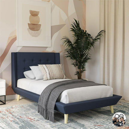 Queer Eye Farnsworth Upholstered Bed with Low Profile Platform Frame, Twin, Blue Linen