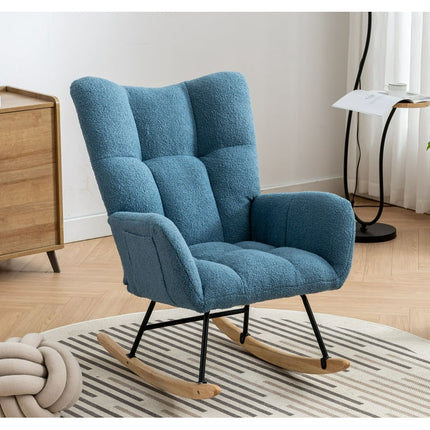 Rocking Chair Nursery,Modern Accent Rocking Chair with High Backrest,Teddy Fabric Upholstered Nursery Glider Rocker for Nursery,Living Room, Bedroom,Blue