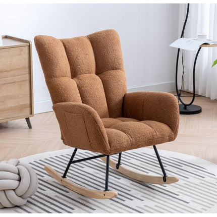 Rocking Chair Nursery,Modern Accent Rocking Chair with High Backrest,Teddy Fabric Upholstered Nursery Glider Rocker for Nursery,Living Room, Bedroom,Brown