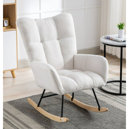 Rocking Chair Nursery,Modern Accent Rocking Chair with High Backrest,Teddy Fabric Upholstered Nursery Glider Rocker for Nursery,Living Room, Bedroom,White